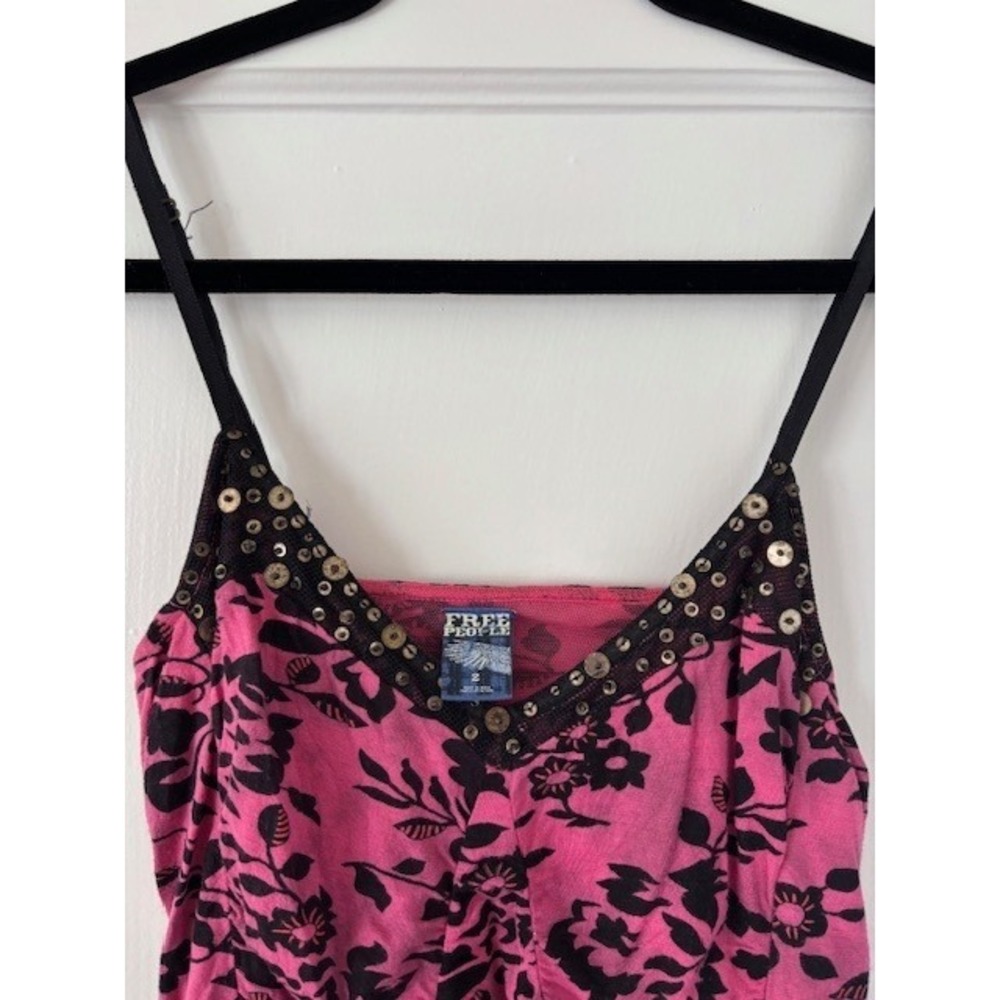 Free People Vintage Y2K Pink Black Floral Ruched Sequin Mini Cocktail Dress Sz 2 - Picture 3 of 14